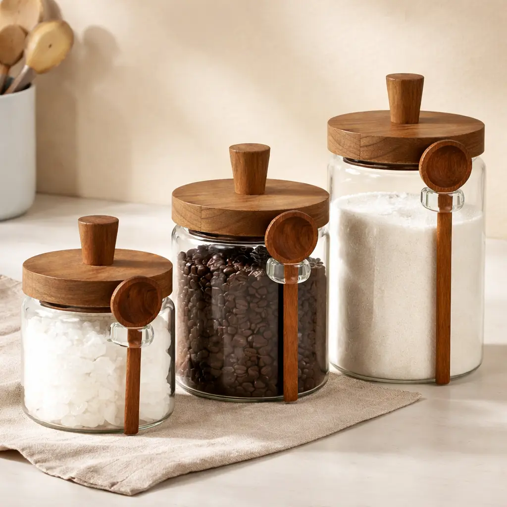 glass storage jars with acacia wood lids storing salt coffee beans and sugar for quality home essentials at westfordliving