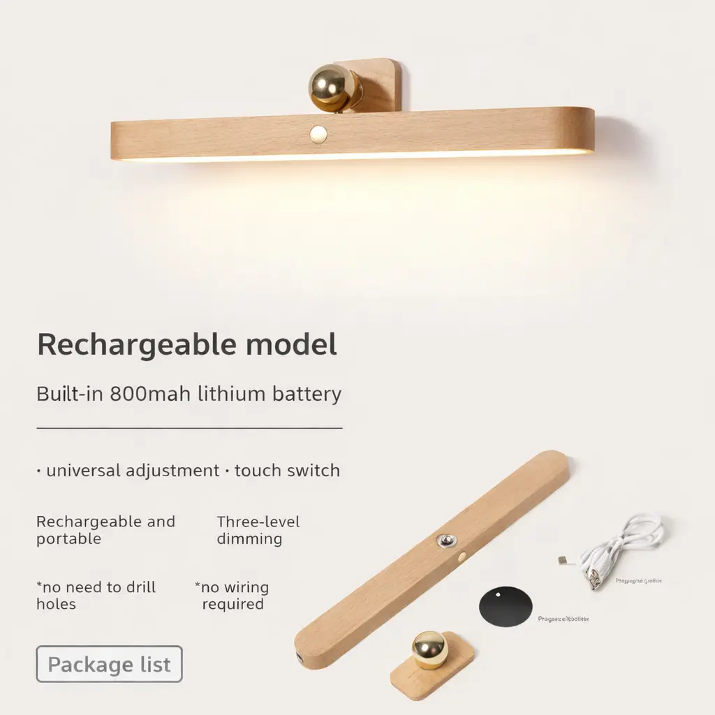 rechargeable led wooden mirror light showing battery capacity touch switch and package contents for quality home essentials at westfordliving