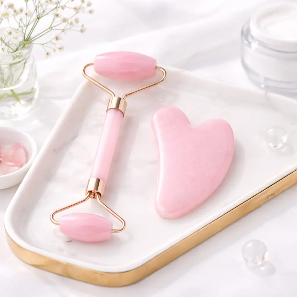 pink jade facial roller and gua sha massage tool arranged on tray for quality home essentials at westfordliving