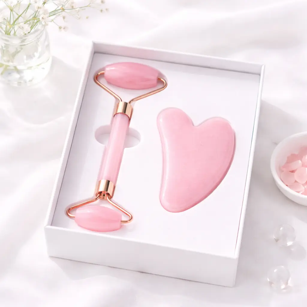 pink jade facial roller and gua sha massage tool displayed in open gift box for quality home essentials at westfordliving