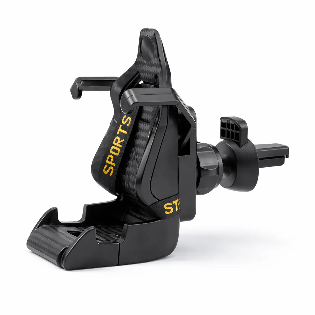 side angle view of racing seat magnetic phone holder showing adjustable arms quality home essentials at westfordliving