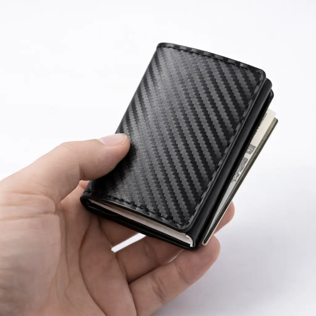 compact rfid carbon fiber wallet held in hand showing lightweight and slim size quality home essentials at westfordliving