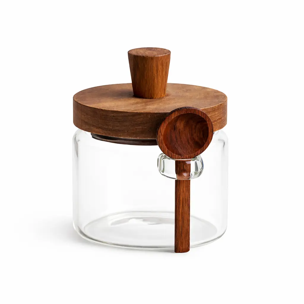small borosilicate glass storage jar with wooden lid and spoon for quality home essentials at westfordliving