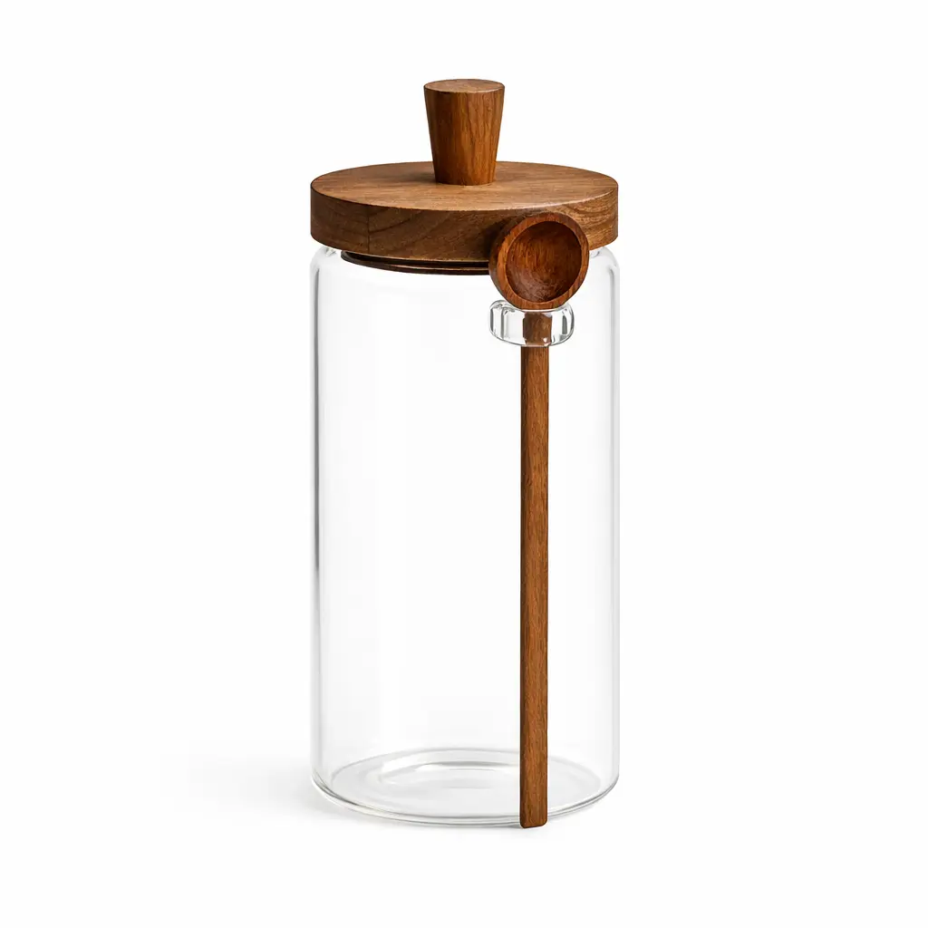 tall borosilicate glass storage jar with acacia wood lid and wooden spoon for quality home essentials at westfordliving