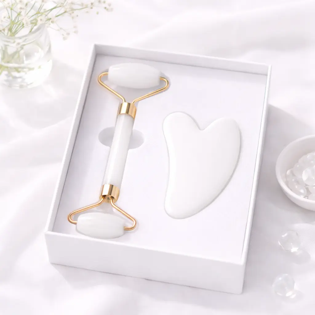 white jade facial roller and gua sha massage tool displayed in open gift box for quality home essentials at westfordliving